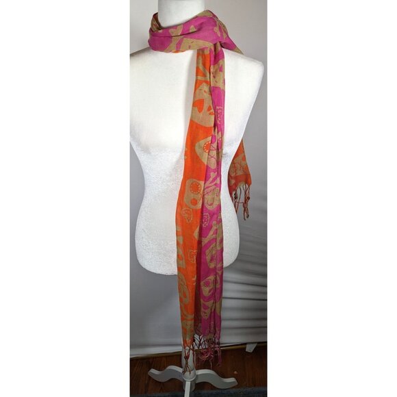 Gothic Voodoo Pink And Orange Skull Print Scarf With Fringe And Bead Accents - Picture 6 of 8